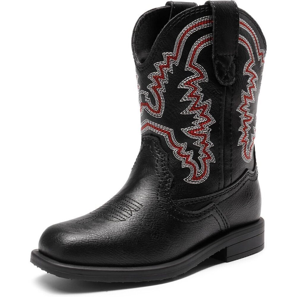 🆕Kids Black Toddler Little Cowboy Western Square Toe Riding Mid Calf Boots